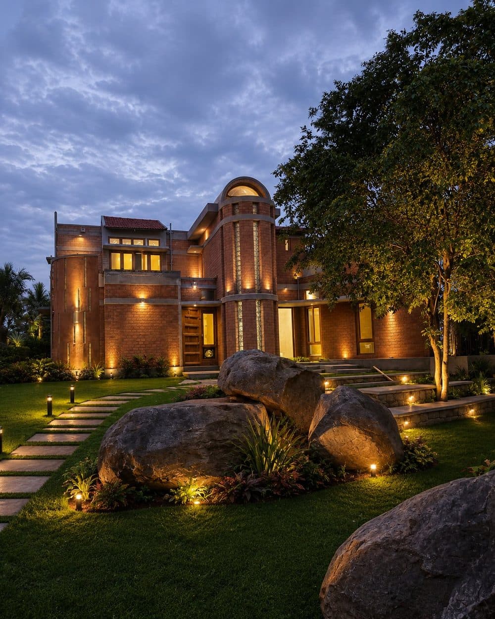 Bevu Social Farmstay at dusk — a handcrafted brick house glowing among granite boulders and trees